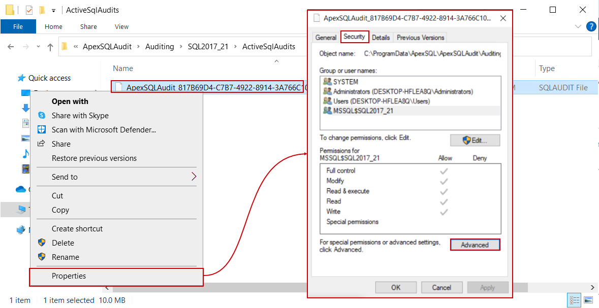 SQL auditing session file security properties