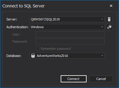 Connection to SQL Server dialog