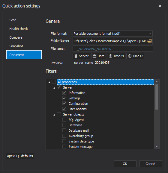 Quick action settings window in SQL manage instance tool