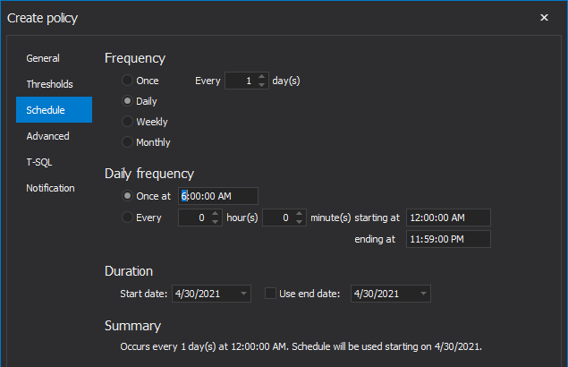Schedule policy to run daily in SQL index tool