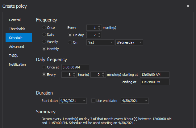 Schedule policy to run mothly in SQL index tool