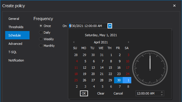 Schedule policy to run once in SQL index tool