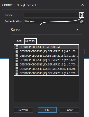 Search SQL instance on the network in SQL index tool