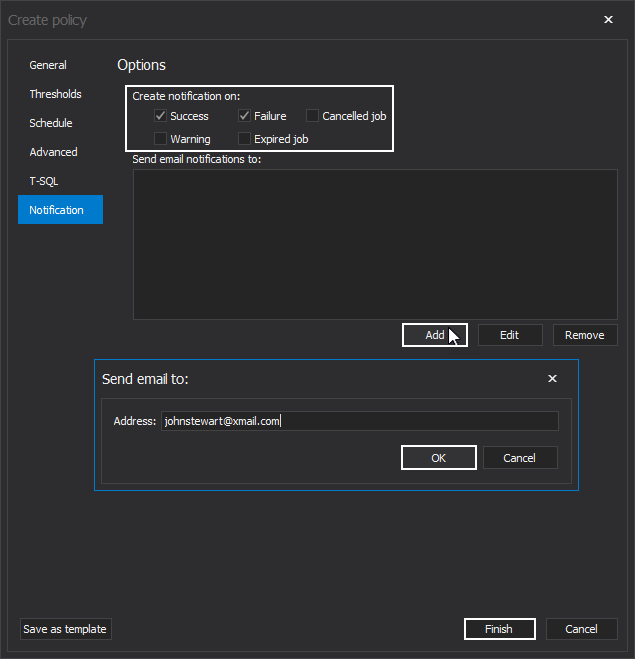 Set policy email notification in SQL index tool