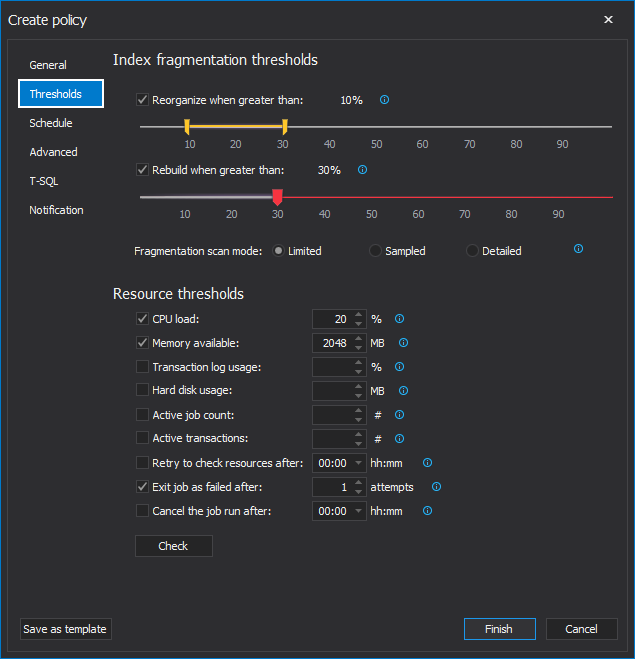 Set policy thresholds in SQL index tool