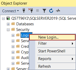 The new login option for create a Login in the SQL Server