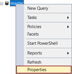 The properties option in the Right-click context menu for master database