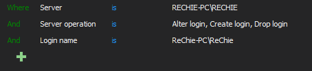 Define filter to show SQL Server login changes in reports