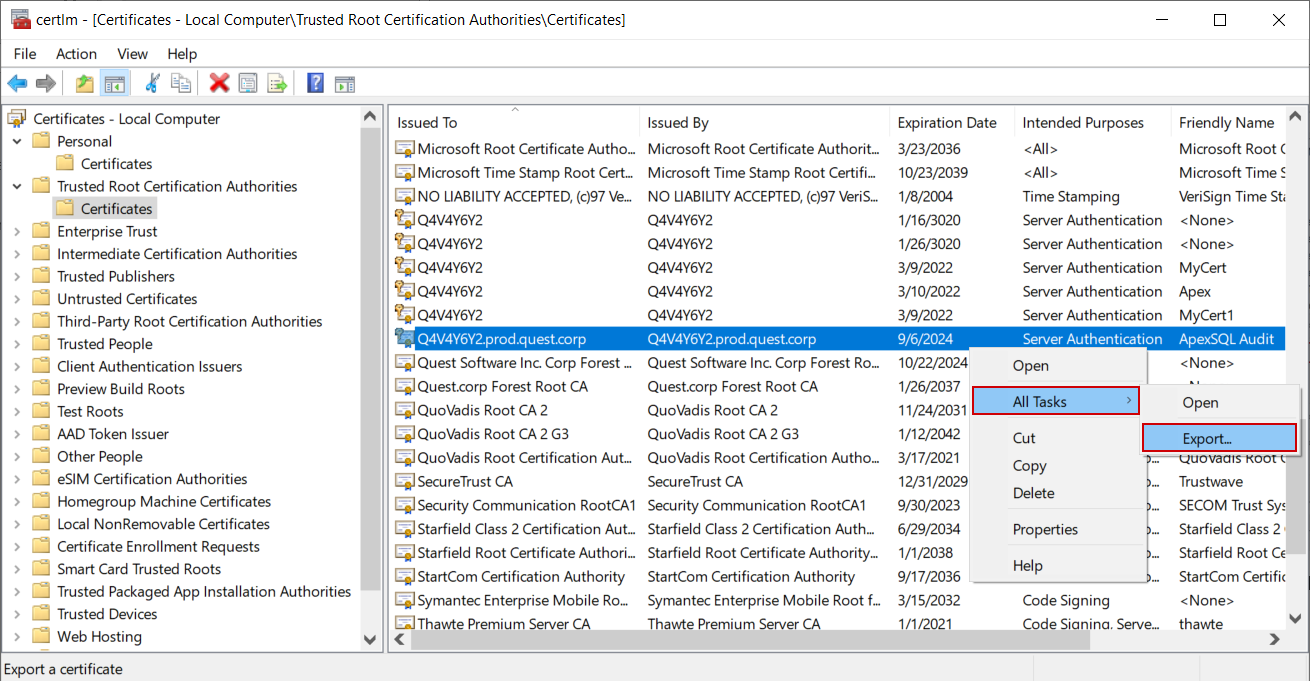 Export the certificate to a file