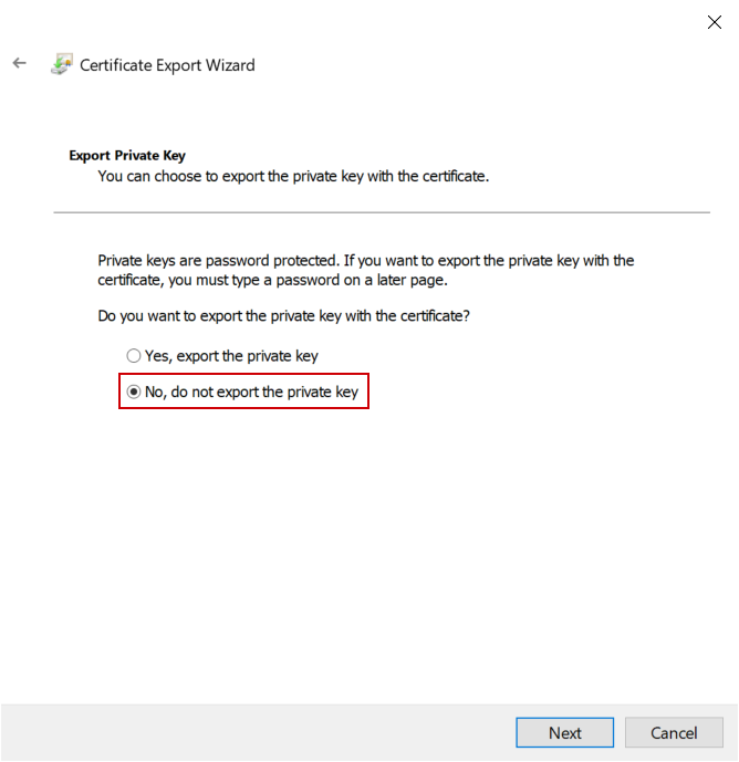 Exporting certificate without the private key