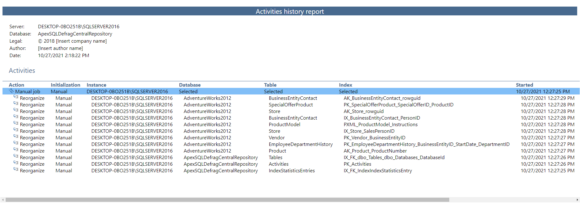 Generated SQL index defragmentation activity history